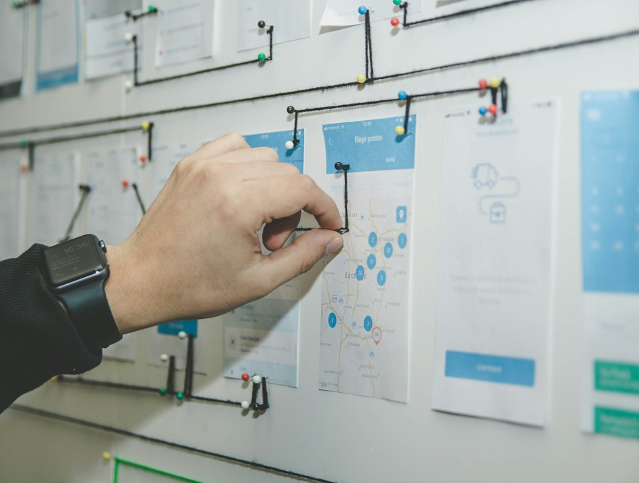 A hand pinning a printed wireframe onto a project planning wall, connected by string to other planning documents